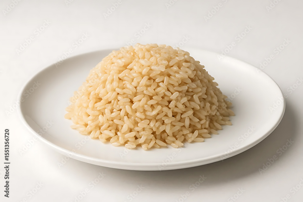Cooked brown rice on white plate Cooked brown rice on white plate