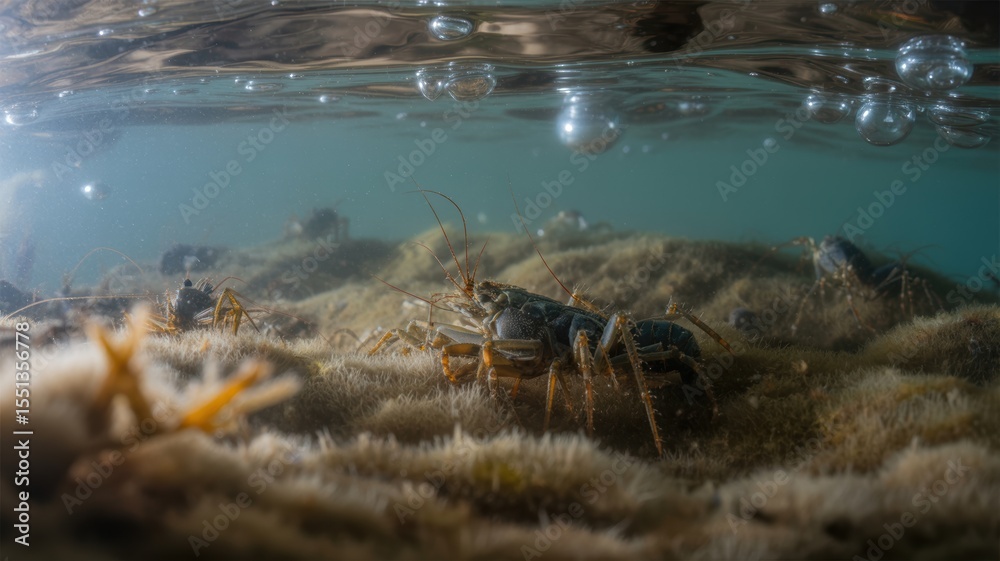 Fototapeta premium Underwater view of crayfish among algae in a freshwater habitat