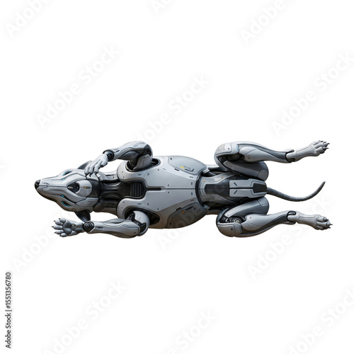 Futuristic robotic dog lying on its back isolated