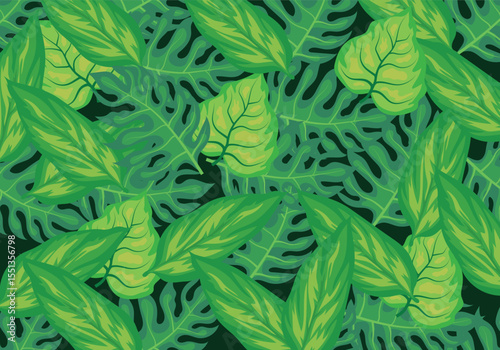 Vibrant tropical leaves pattern background with lush greenery and exotic foliage elements