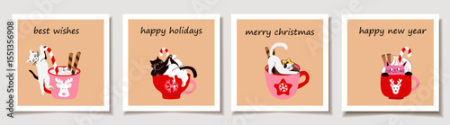 Cozy Cats Drinking Hot Chocolate on Holiday Greeting Cards with Candy Cane Vibes