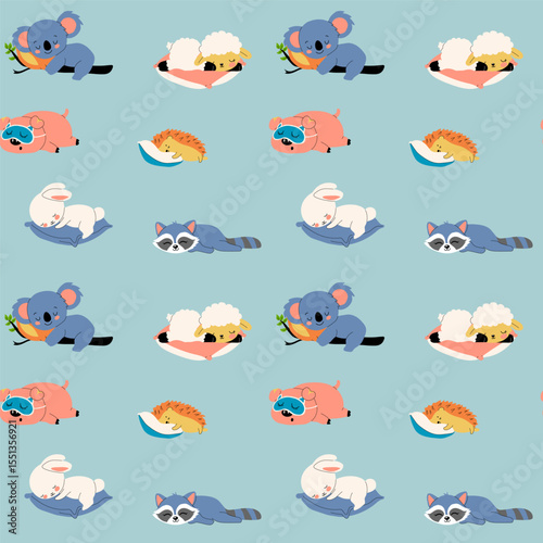 Seamless pattern with Sleepy Animal Characters Ready for Bed in Cozy Cartoon Style