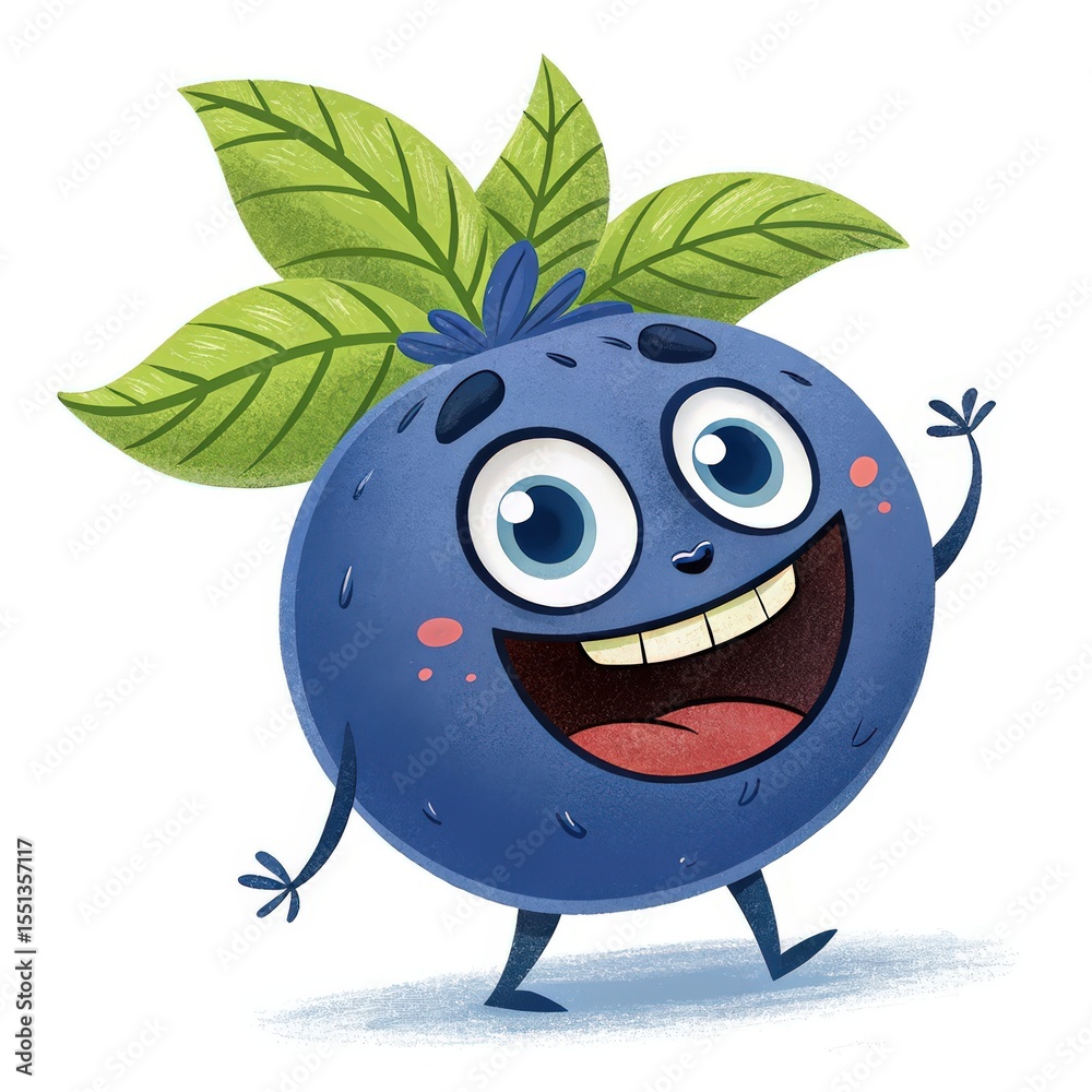 Fototapeta premium Cheerful Blueberry Character Walking with Leaves on White Background