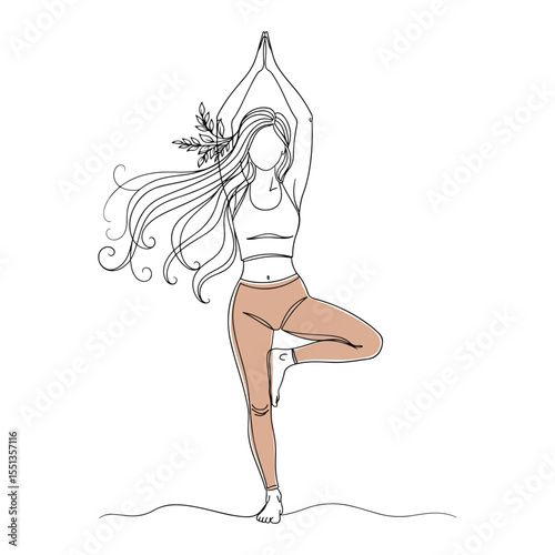Woman in yoga tree pose with flowing hair and leaves