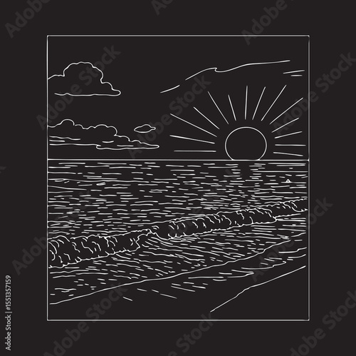 tropical landscape vector sketch. seascape sea surface vector sketch on black background chalk