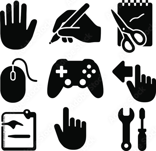 Black silhouette icon set for Left-Handers Day. Solid black vector pictograms featuring left hand symbol, hand holding pen on the left, left-handed scissors, writing icon, drawing sketchpad, mouse on 