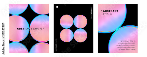 3d glass futuristic poster. Circle holographic gradient shape on black background. Geometric technology abstract pattern. Pink blue iridescent glass round element. Vector render illustration
