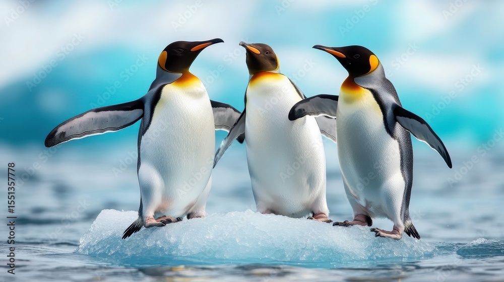 Fototapeta premium Three emperor penguins stand confidently on an iceberg, showcasing their playfulness and natural beauty in a stunning frozen landscape amidst clear blue ice and water.