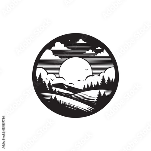 black and white landscape background, editable vector image