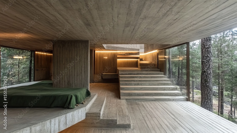 Obraz premium Minimalist concrete and wood house interior with large windows showcasing a forest view and built-in staircase