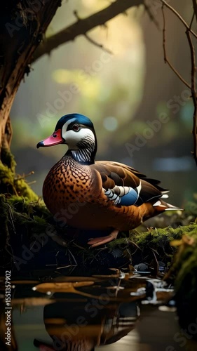 Striking Mandarin Duck perched by the still water edge of a lush, mossy forest in golden hour sunlight.