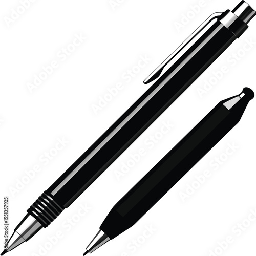 Illustration of two black pens with chrome accents against a white background representing stationery and writing supplies