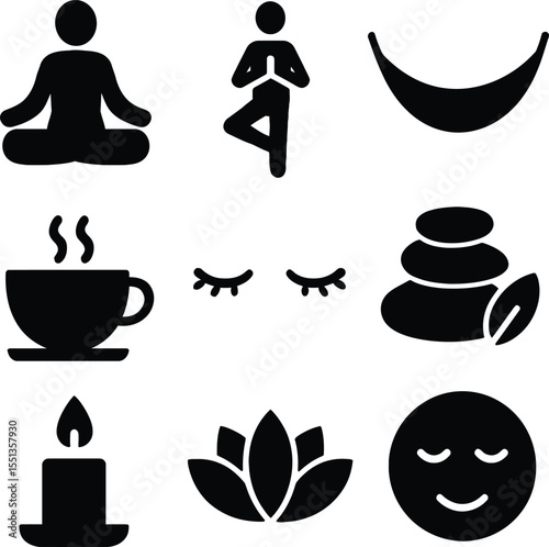 Black silhouette icon set for National Relaxation Day. Solid black vector pictograms featuring person meditating, yoga pose, hammock, cup of tea, closed eyes, spa stones, candle, lotus flower, peacefu