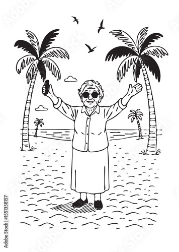 ocean shore vector sketch, old woman on the beach vector hand drawing