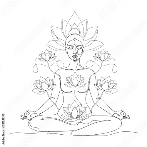 Woman meditating surrounded by lotus flowers continuous line drawing