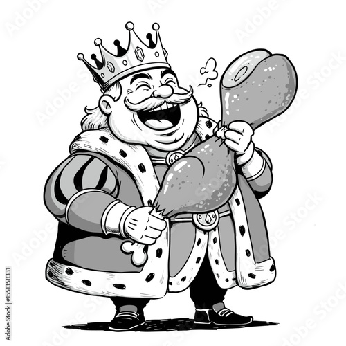 A happy king munches on meat with a big grin, wearing a gold crown and royal cloak in a playful cartoon style.