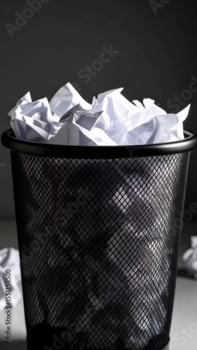 Overflowing mesh trash can filled with crumpled white paper, creative block, office waste and recycling concepts.