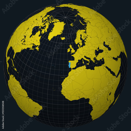 Portugal on Globe. Country view on the world map in Charcoal Bright Yellow color palette. Portugal shape on map. Globe with meridians, parallels, countries, rivers and lakes.