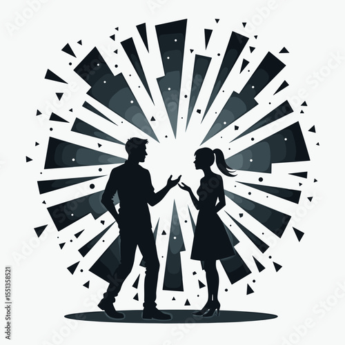 Silhouette of man and woman talking against abstract background  
