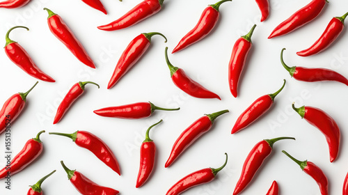 Red chili peppers scattered in a seamless pattern on a white background. Spicy and vibrant vegetable arrangement. Isolated hot food ingredient. Minimal top view.