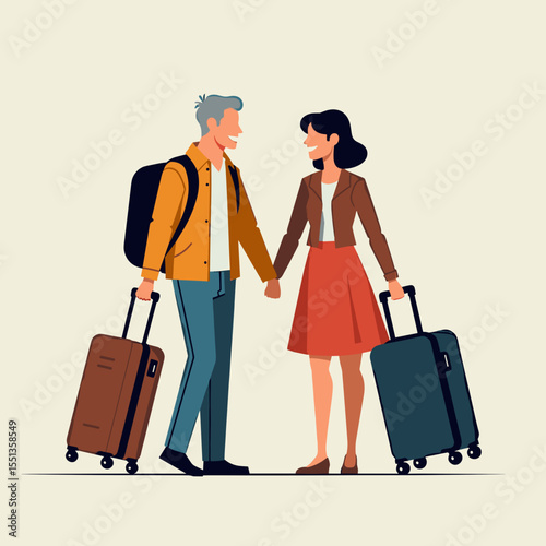 Happy couple holding hands while traveling with suitcases  