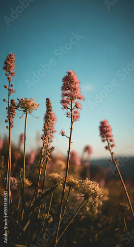 Vibrant wildflowers with pink blossoms sway gently in the breeze under a clear blue sky, creating a serene and picturesque natural landscape filled with beauty and tranquility