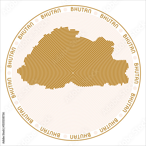 Bhutan round logo design. Country shape build of rings. Bhutan text around the country. Vector Illustration.