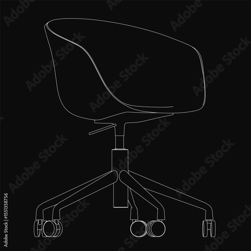Black and white line drawing of a sleek modern office chair with curved backrest, armrests, and four wheels for mobility, isolated on a black background.