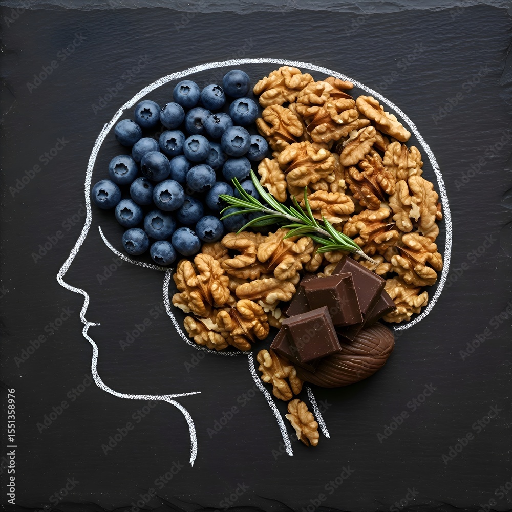 Obraz premium Brain Food Boosting Cognitive Function with Blueberries, Walnuts, and Dark Chocolate