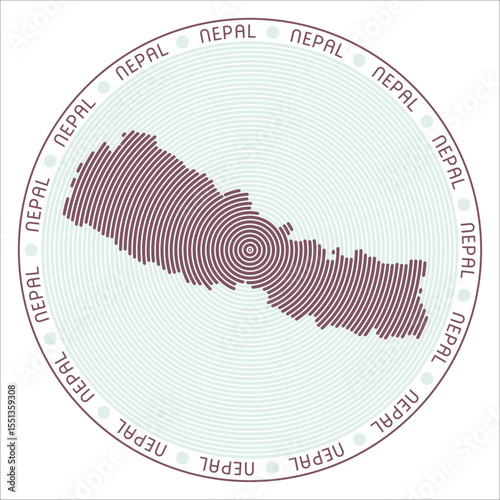 Nepal round logo design. Country shape built of rings. Nepal text around the country. Vector Illustration.