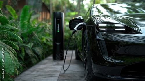 A modern electric vehicle is connected to a charging station, nestled in a lush green environment, symbolizing the future of sustainable transportation and eco-friendly technology.