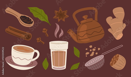 Masala Chai Ingredients and Indian Tea Illustration