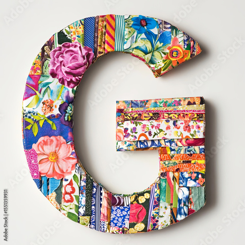 Colorful fabric letter G, crafted from various textile patterns and textures, showcasing vibrant floral designs and intricate details, ideal for creative projects and artistic expressions