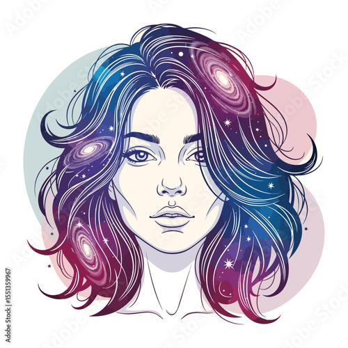 Woman Portrait Cosmic Hair Galaxies Stars Purple Blue Watercolor Style