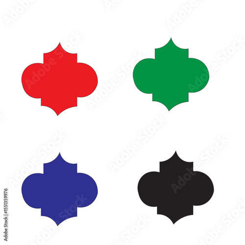 A simple graphic featuring four quatrefoil shapes in red green blue and black on a white background plane