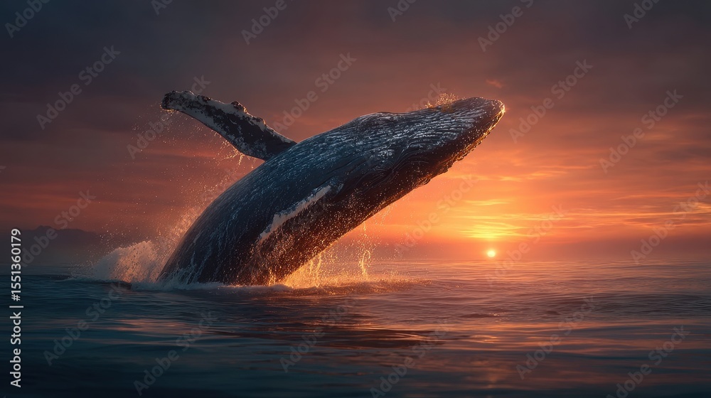 Fototapeta premium Large Marine Mammal Jumping in Ocean at Sunset