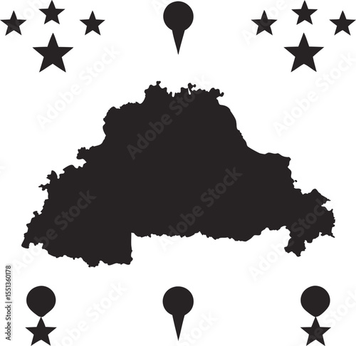 Silhouette of burkina faso map with stars and location pin icons on white background for geographic representation