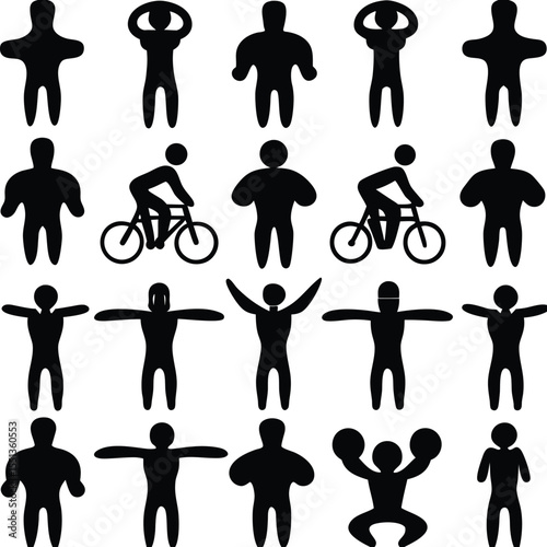 Silhouetted figures in various poses representing everyday activities and exercise cycling and weightlifting