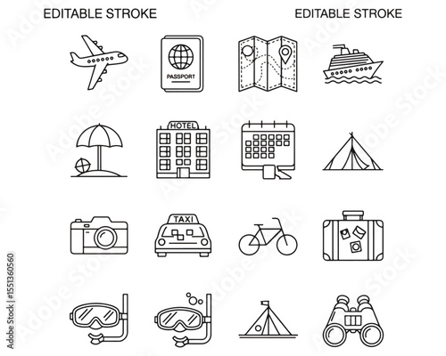 60 Travel & Vacation Line Icons – Editable Stroke Vector Pack for Tourism, Holiday, and Adventure Design