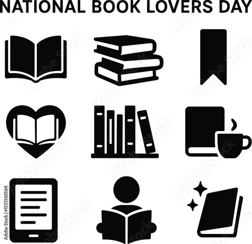 Black silhouette icon set for National Book Lovers Day. Solid black vector pictograms featuring open book, stack of books, reading glasses, bookmark, heart with book, library shelf, book and coffee cu