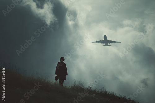 Human silhouette against a sky with a silhouette of a plane in vintage style