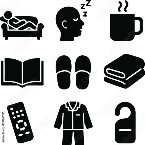 Black silhouette icon set for Lazy Day. Solid black vector pictograms featuring person lying on a couch, sleeping figure, coffee mug, open book, slippers, blanket, TV remote, pajama icon, cloud pillow