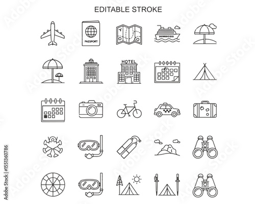 60 Travel & Vacation Line Icons – Editable Stroke Vector Pack for Tourism, Holiday, and Adventure Design