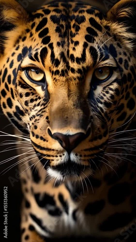 Extreme close-up of an adult leopard face featuring its vivid eyes, distinctive spots, and elegant whiskers against a dark background.