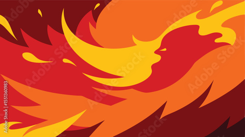 Dynamic abstract illustration of fiery phoenix formed with bold red orange and yellow colors