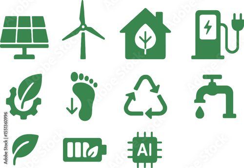 Create 8–10 single‑colour EPS silhouettes on a white background: solar panel, recycling bin, leaf-powered factory, EV charger, drop of water/ecology, wind turbine, compost heap, eco-home, green tech c