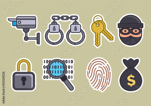 Collection of stylized icons representing various aspects of theft crime and security for digital and print use