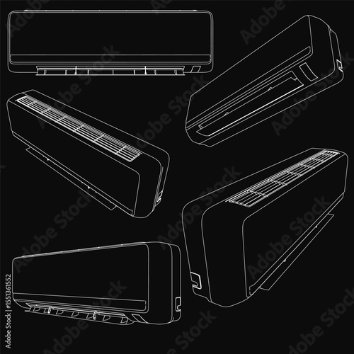 Air conditioners displayed as 3D models on a black background, highlighting sleek designs and modern features. Each unit showcases vents, control panels, and compact structures