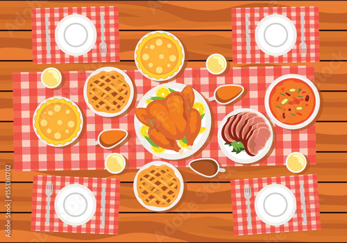 Overhead view of a festive thanksgiving dinner table laden with food and decorations