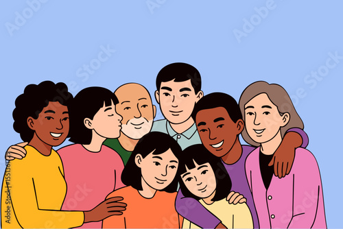 Diverse Family Portrait – Multigenerational Group Hug Illustration on Blue Background